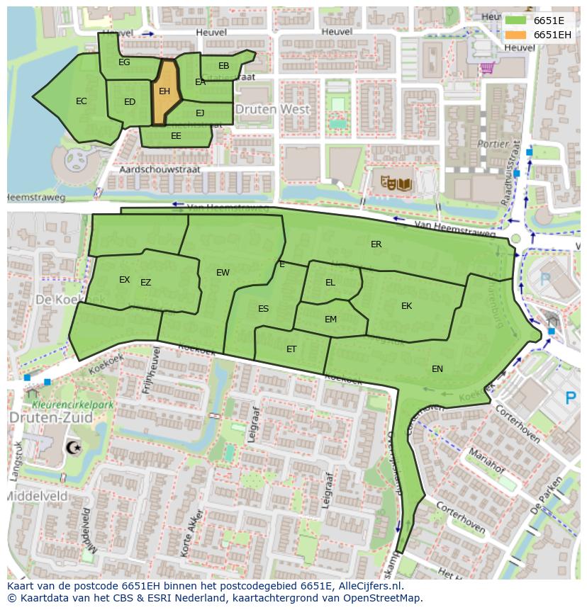 Afbeelding van het postcodegebied 6651 EH op de kaart.