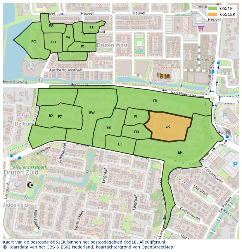 Afbeelding van het postcodegebied 6651 EK op de kaart.
