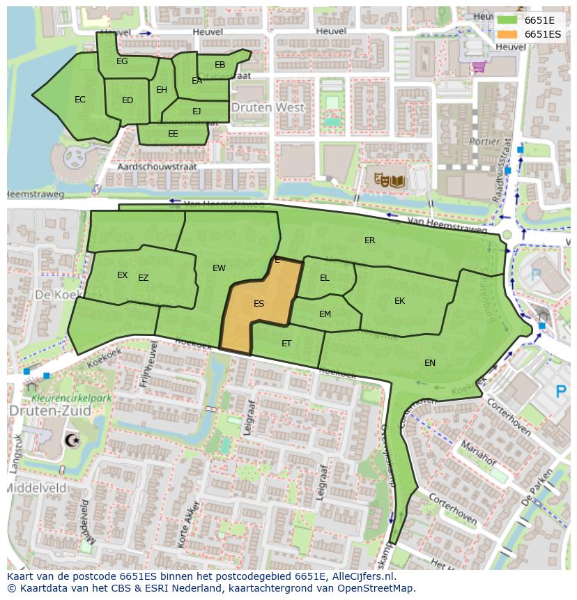 Afbeelding van het postcodegebied 6651 ES op de kaart.
