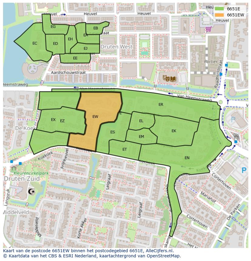 Afbeelding van het postcodegebied 6651 EW op de kaart.