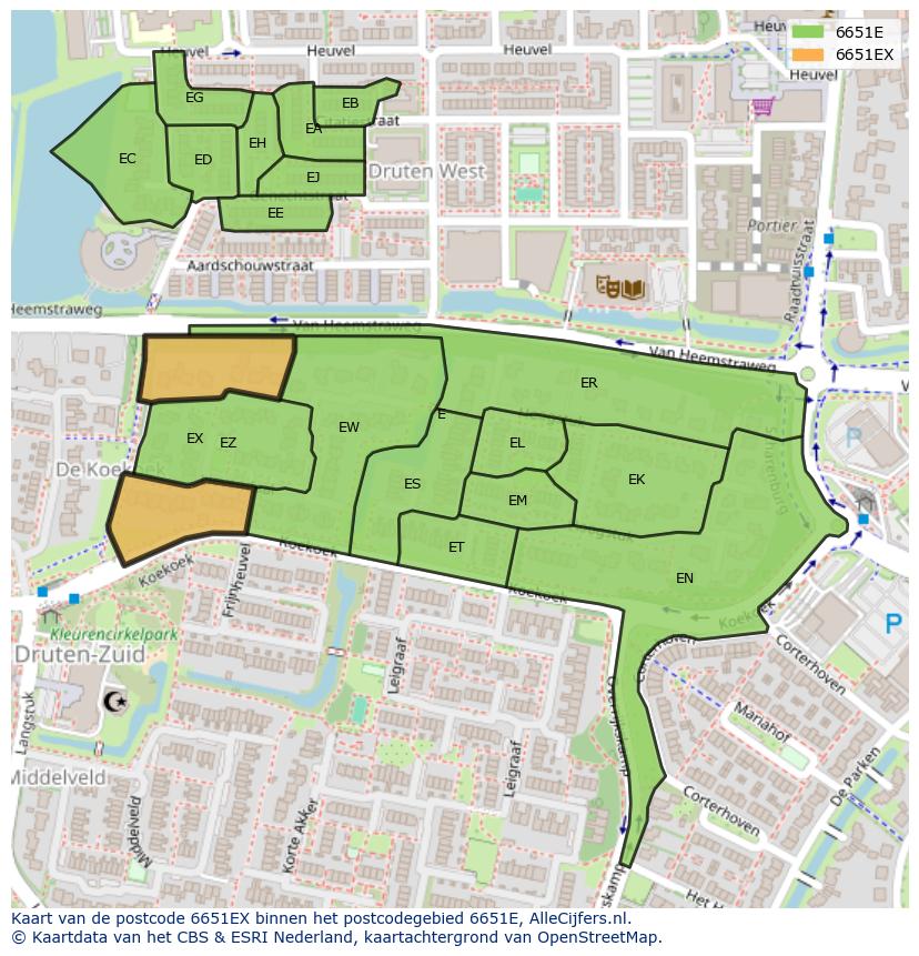 Afbeelding van het postcodegebied 6651 EX op de kaart.