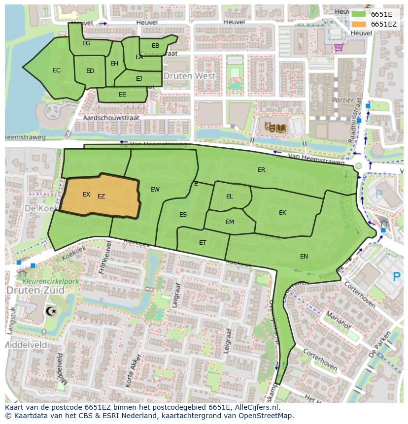 Afbeelding van het postcodegebied 6651 EZ op de kaart.