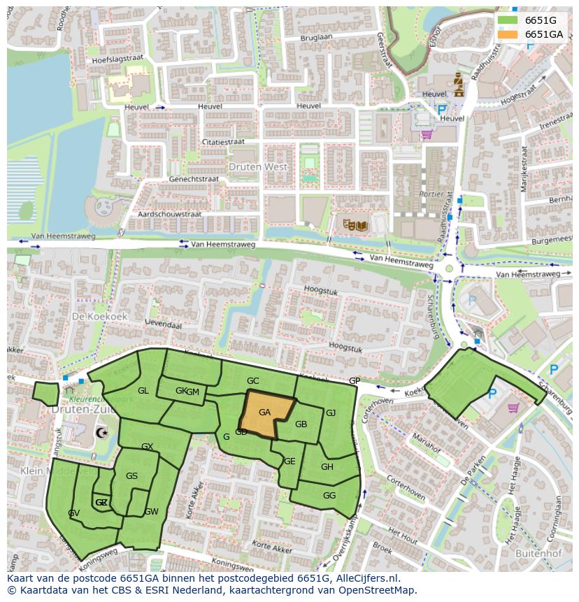 Afbeelding van het postcodegebied 6651 GA op de kaart.