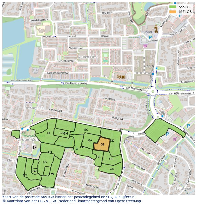 Afbeelding van het postcodegebied 6651 GB op de kaart.