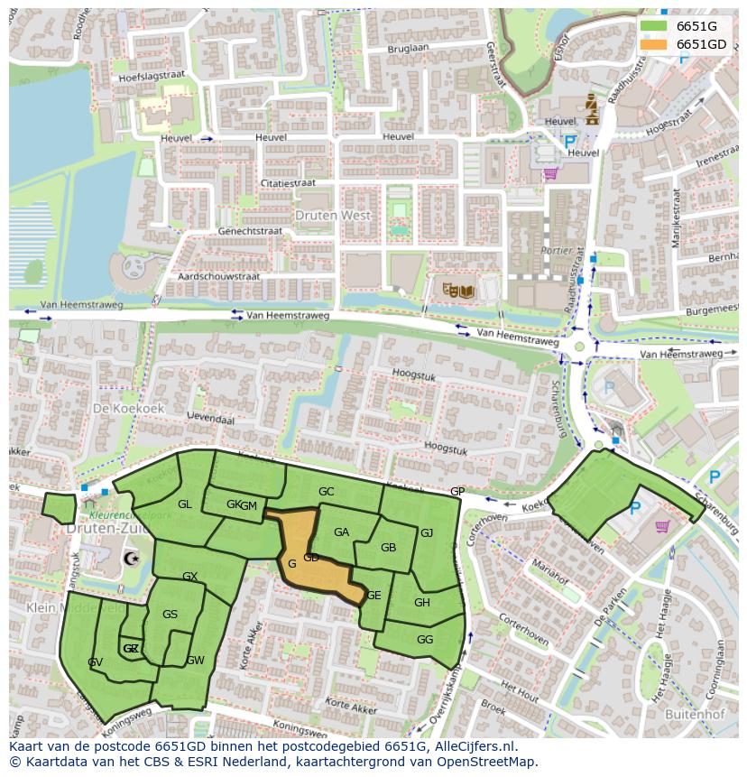Afbeelding van het postcodegebied 6651 GD op de kaart.