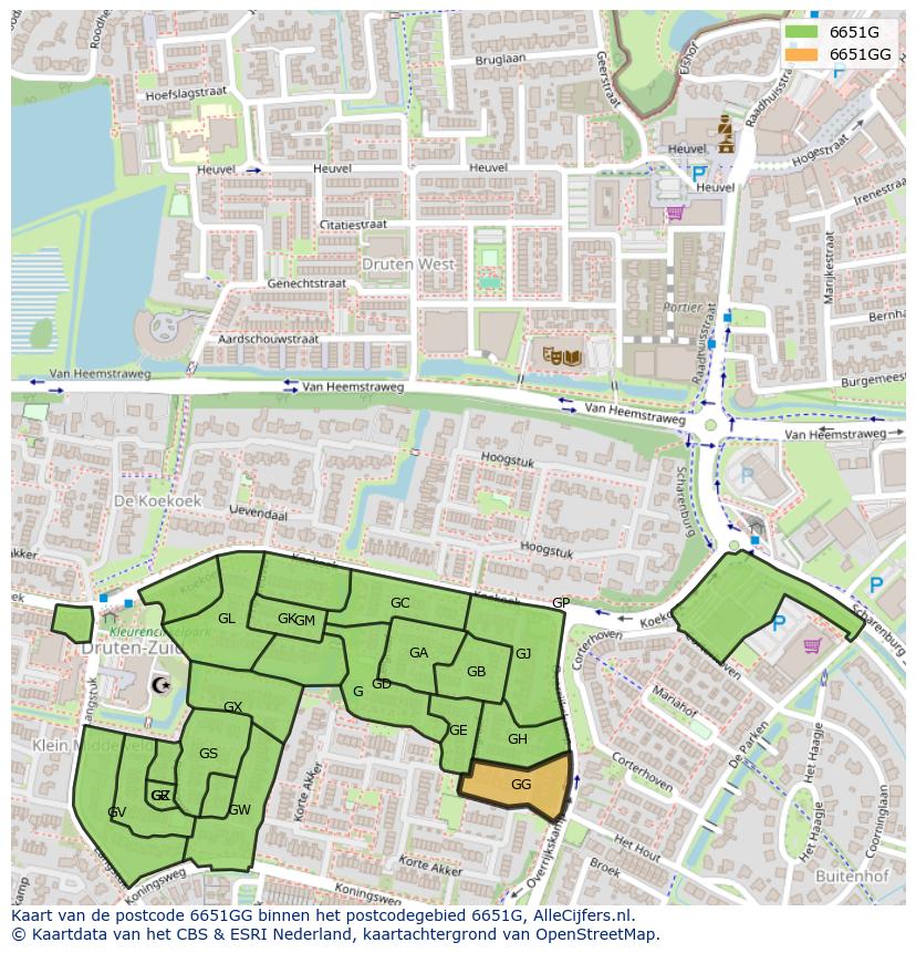 Afbeelding van het postcodegebied 6651 GG op de kaart.