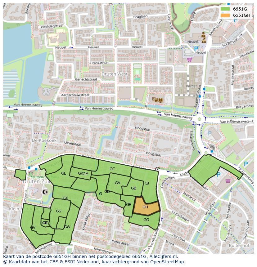 Afbeelding van het postcodegebied 6651 GH op de kaart.