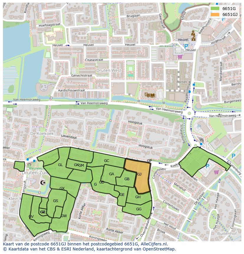 Afbeelding van het postcodegebied 6651 GJ op de kaart.
