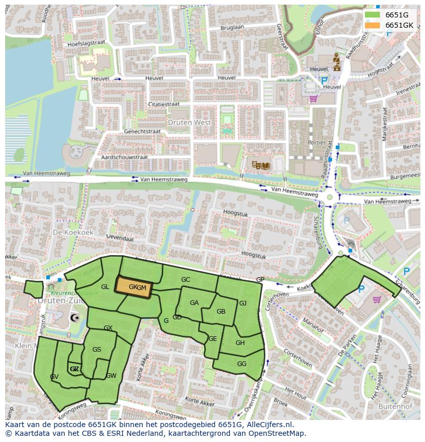 Afbeelding van het postcodegebied 6651 GK op de kaart.