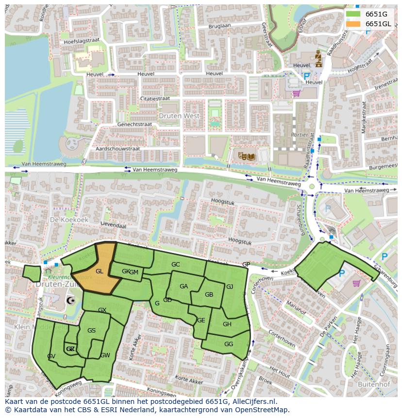 Afbeelding van het postcodegebied 6651 GL op de kaart.