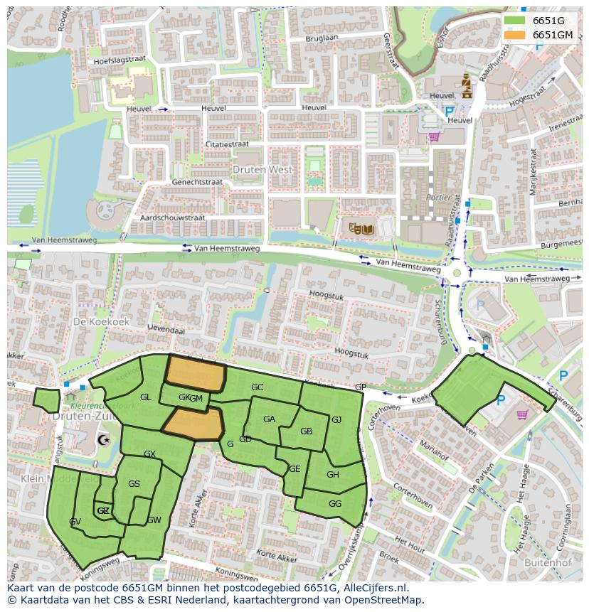 Afbeelding van het postcodegebied 6651 GM op de kaart.
