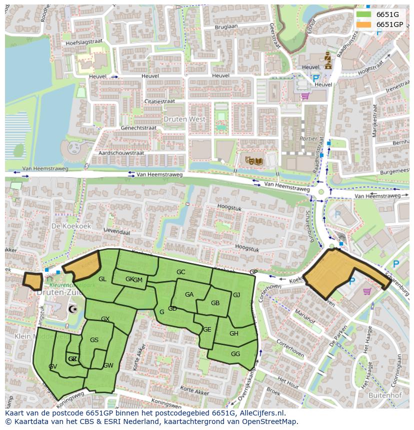 Afbeelding van het postcodegebied 6651 GP op de kaart.