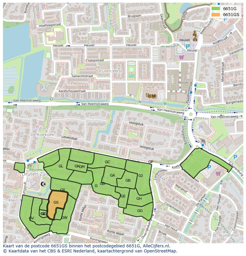 Afbeelding van het postcodegebied 6651 GS op de kaart.