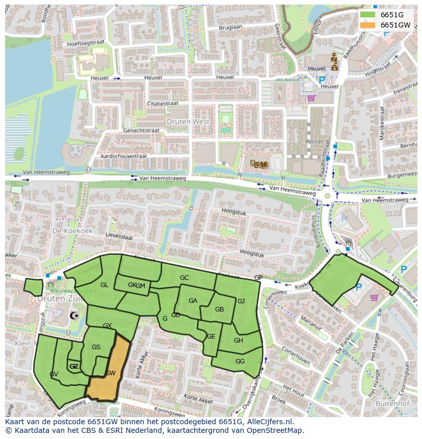 Afbeelding van het postcodegebied 6651 GW op de kaart.