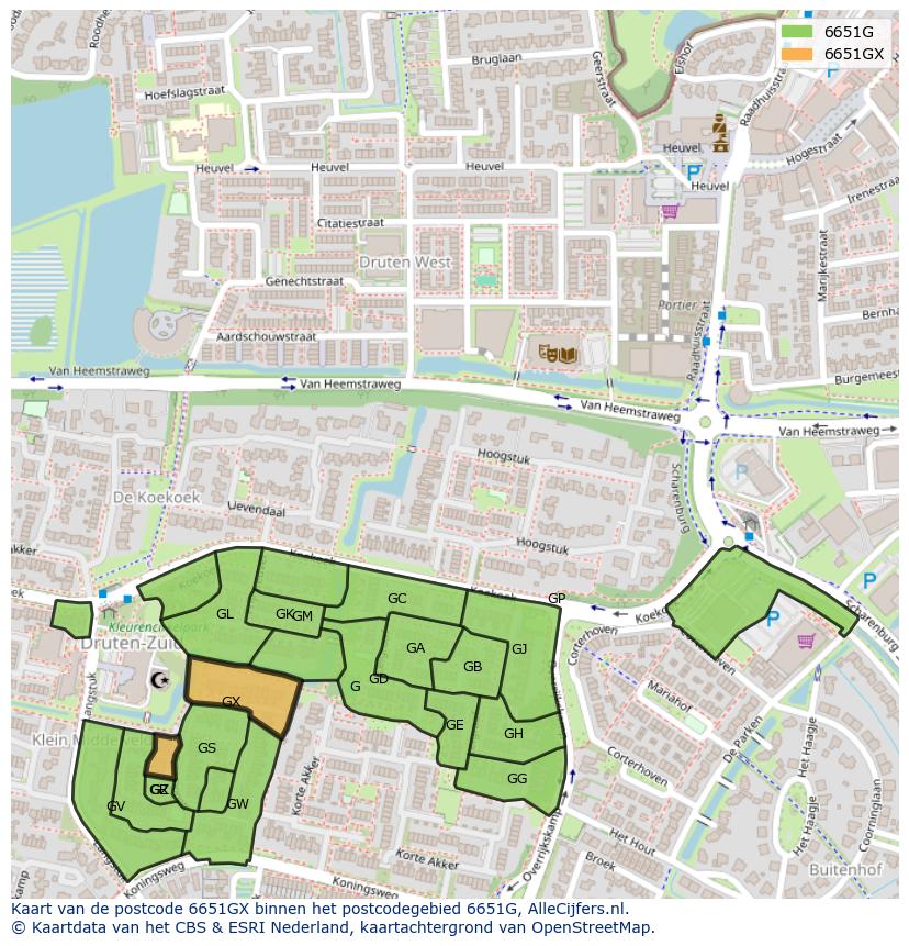 Afbeelding van het postcodegebied 6651 GX op de kaart.