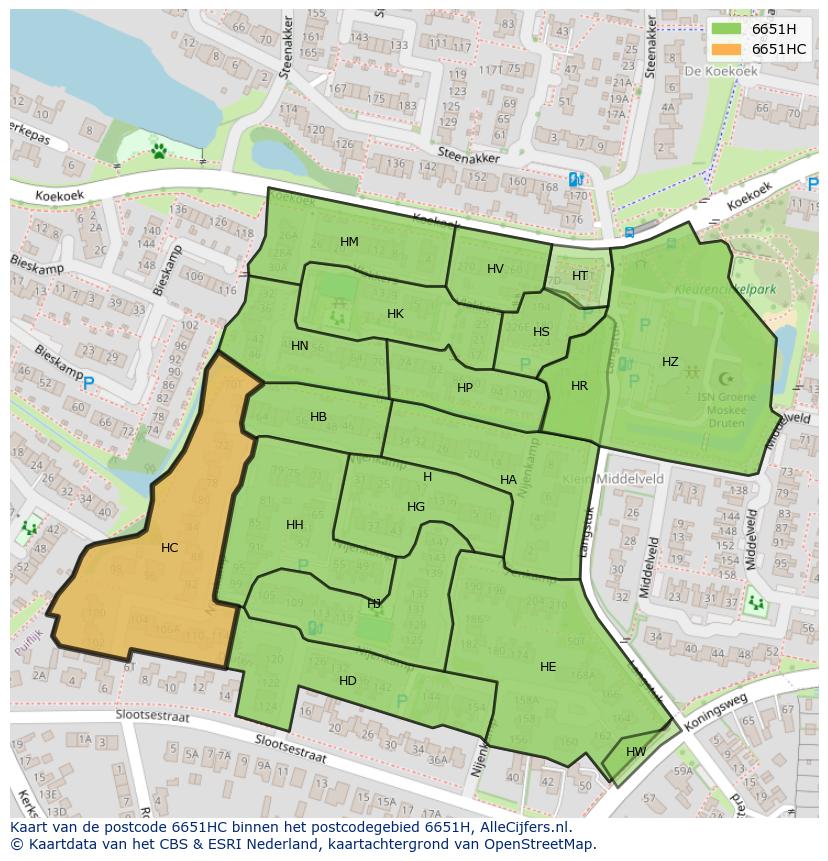 Afbeelding van het postcodegebied 6651 HC op de kaart.