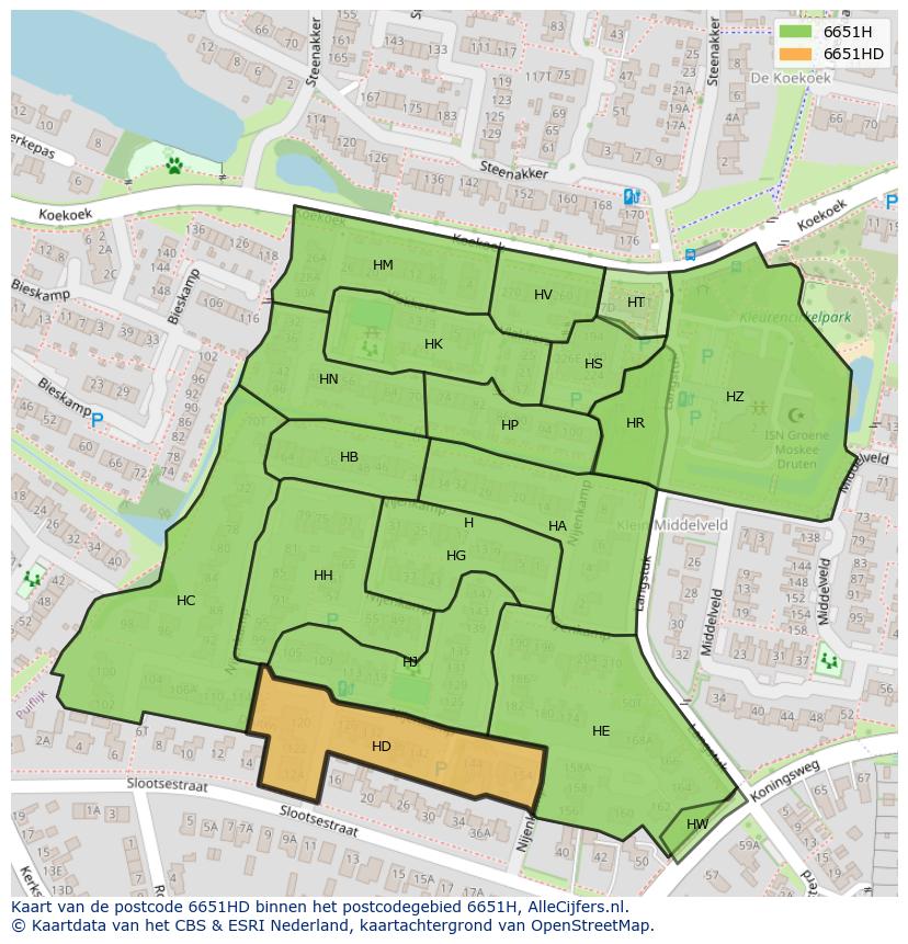 Afbeelding van het postcodegebied 6651 HD op de kaart.