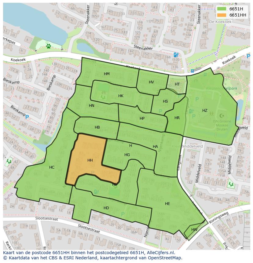 Afbeelding van het postcodegebied 6651 HH op de kaart.