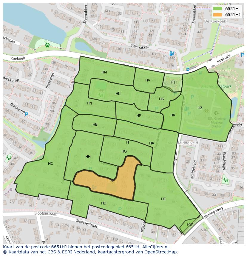 Afbeelding van het postcodegebied 6651 HJ op de kaart.