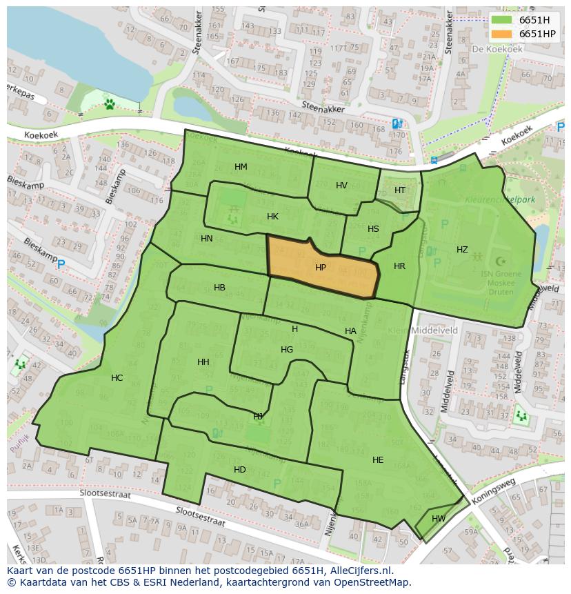 Afbeelding van het postcodegebied 6651 HP op de kaart.