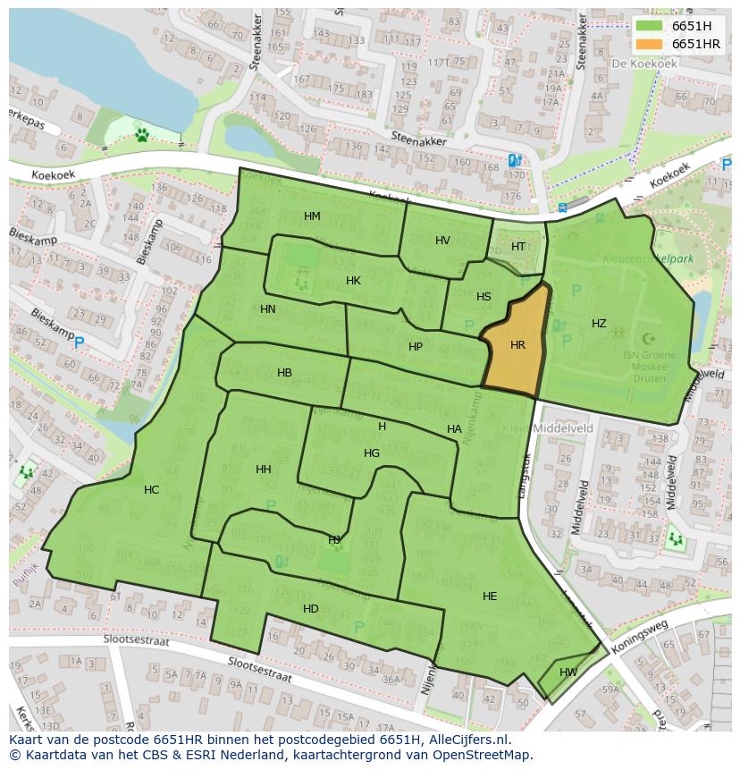 Afbeelding van het postcodegebied 6651 HR op de kaart.