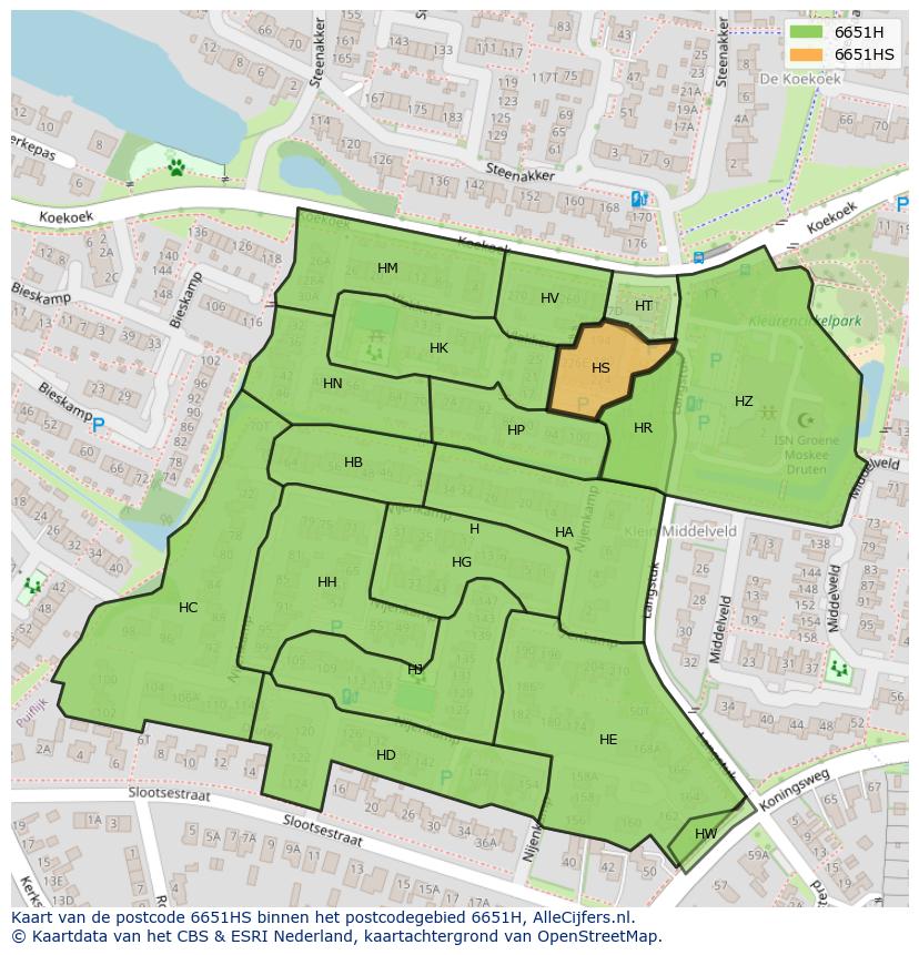 Afbeelding van het postcodegebied 6651 HS op de kaart.