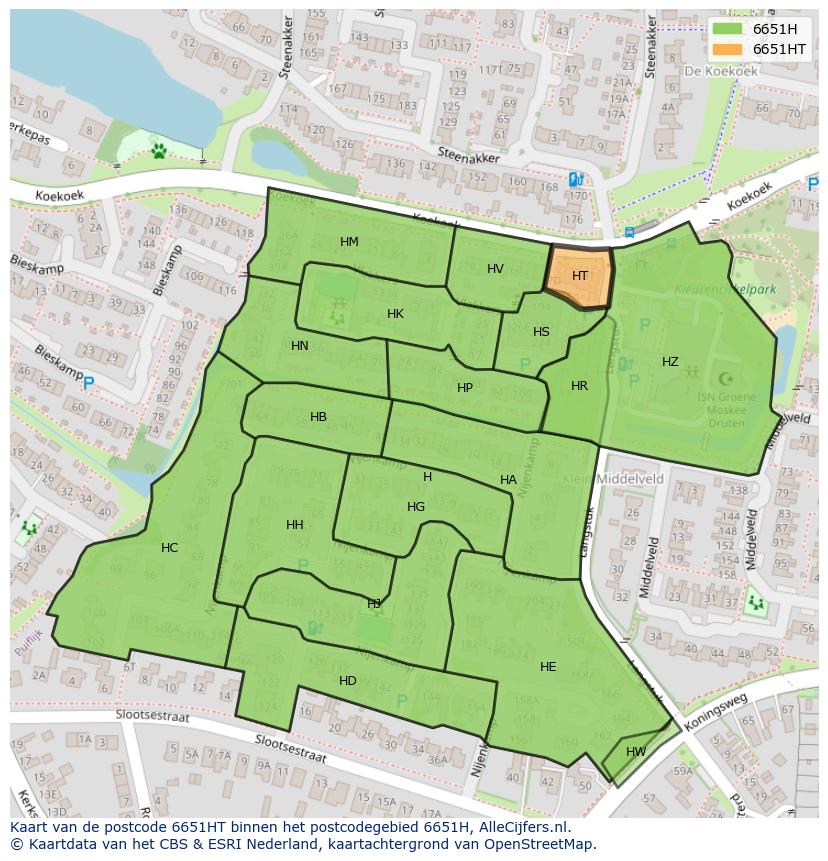 Afbeelding van het postcodegebied 6651 HT op de kaart.