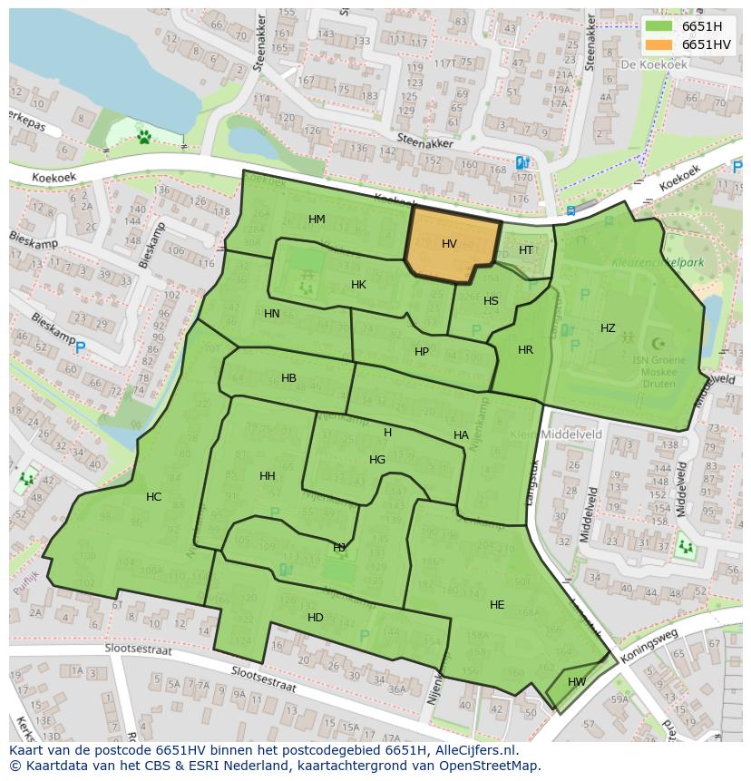 Afbeelding van het postcodegebied 6651 HV op de kaart.