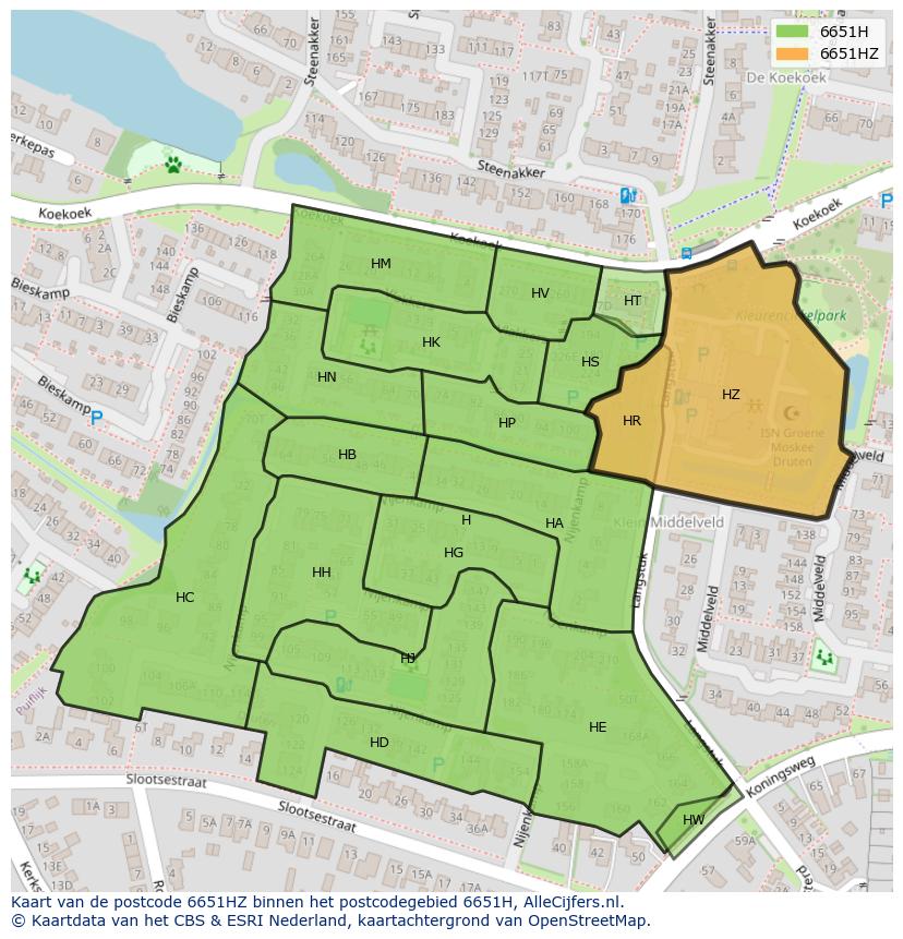 Afbeelding van het postcodegebied 6651 HZ op de kaart.