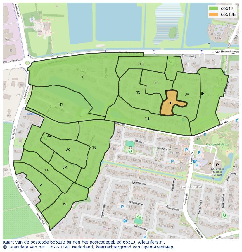 Afbeelding van het postcodegebied 6651 JB op de kaart.