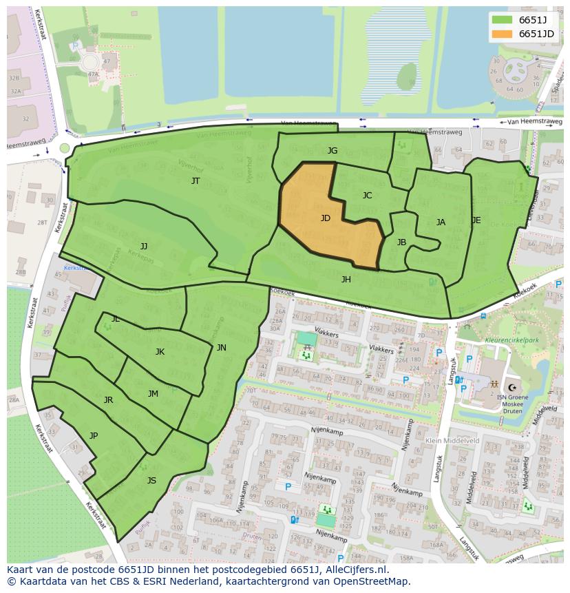 Afbeelding van het postcodegebied 6651 JD op de kaart.