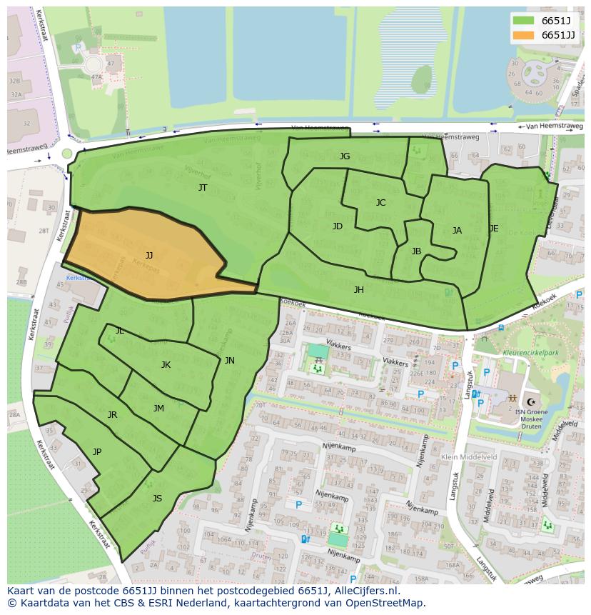Afbeelding van het postcodegebied 6651 JJ op de kaart.