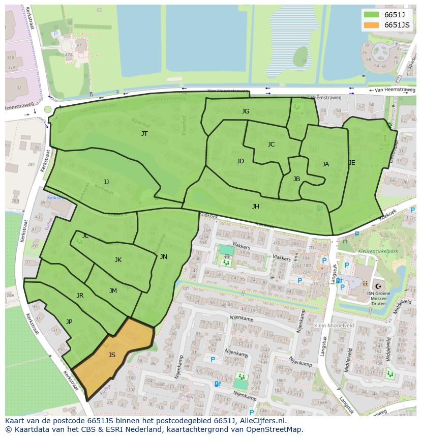 Afbeelding van het postcodegebied 6651 JS op de kaart.