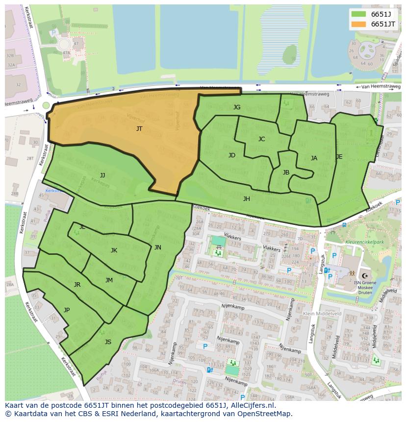 Afbeelding van het postcodegebied 6651 JT op de kaart.