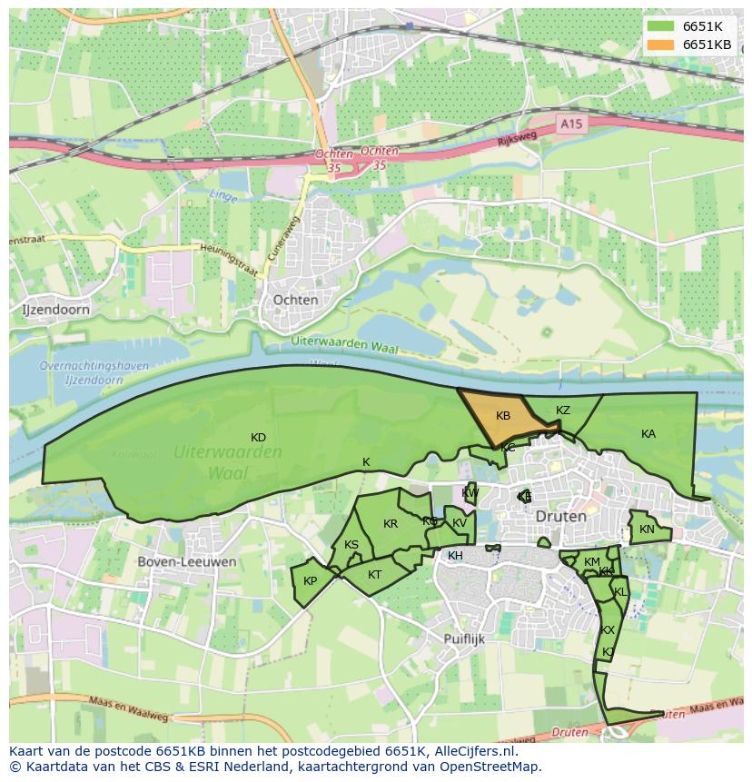 Afbeelding van het postcodegebied 6651 KB op de kaart.