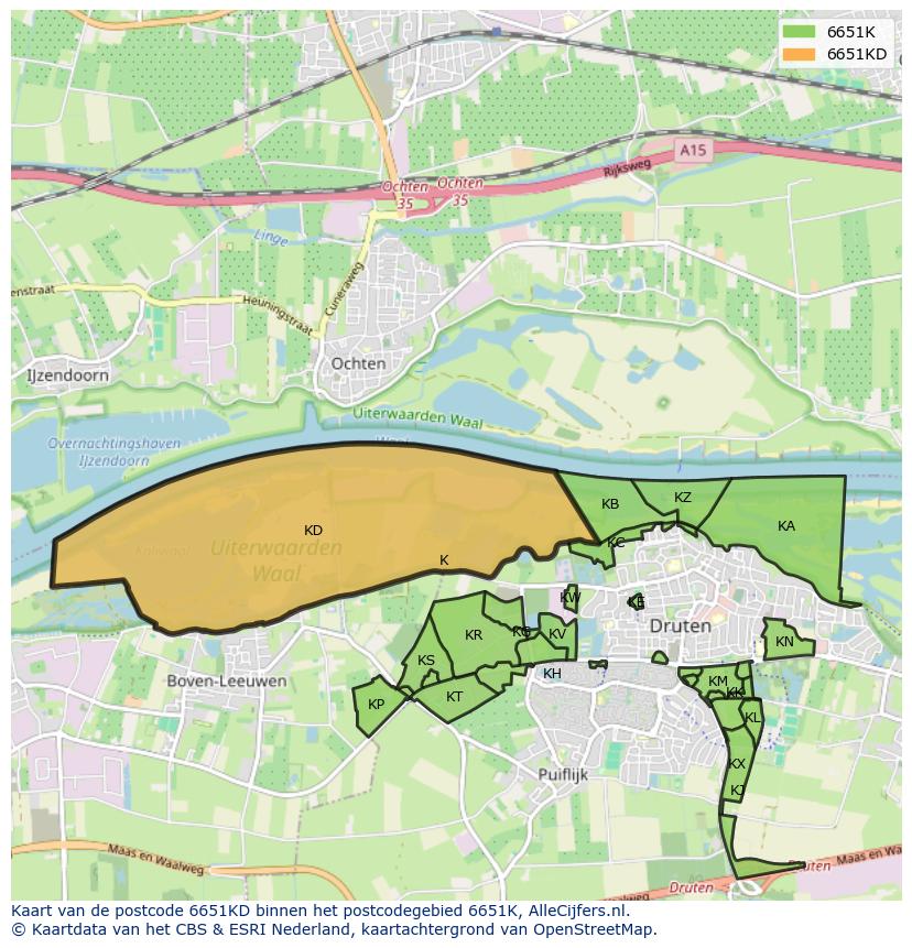 Afbeelding van het postcodegebied 6651 KD op de kaart.