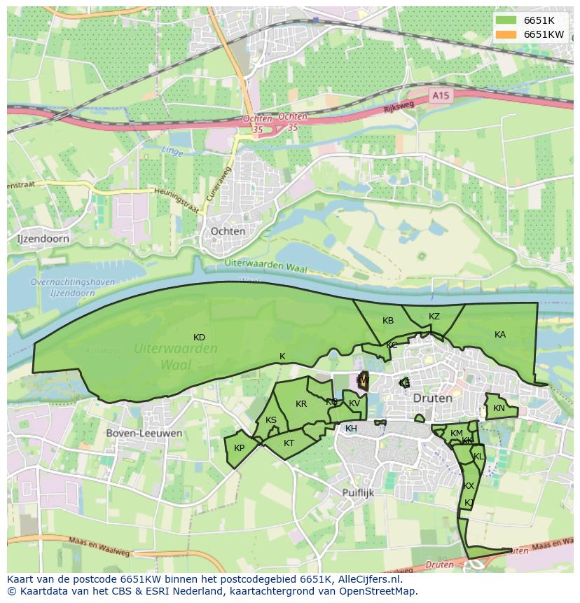 Afbeelding van het postcodegebied 6651 KW op de kaart.
