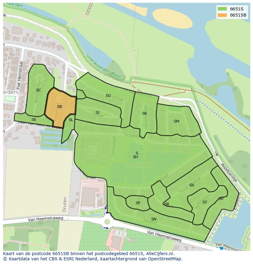 Afbeelding van het postcodegebied 6651 SB op de kaart.