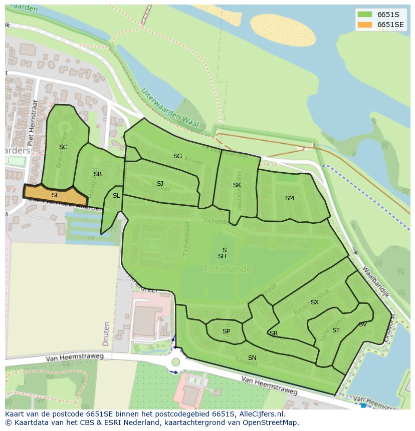 Afbeelding van het postcodegebied 6651 SE op de kaart.