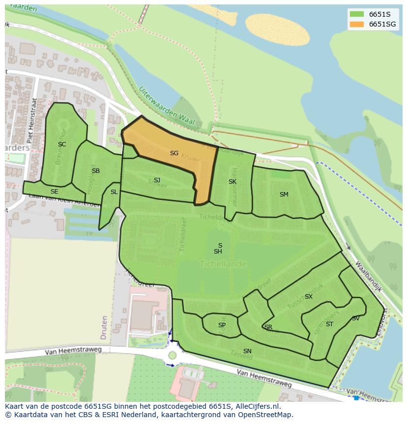 Afbeelding van het postcodegebied 6651 SG op de kaart.