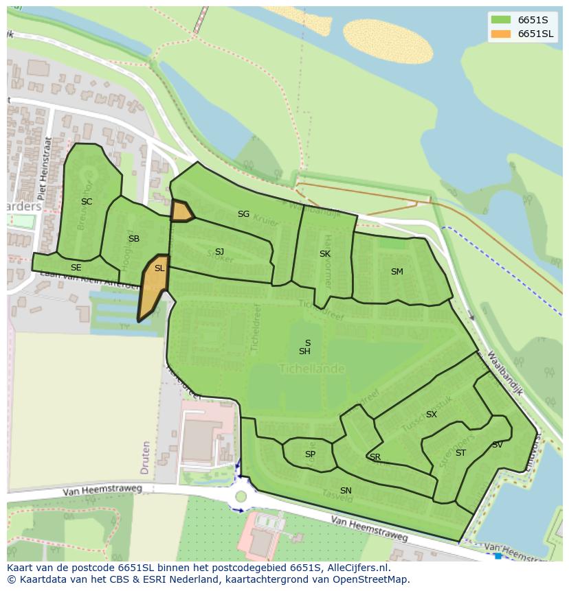 Afbeelding van het postcodegebied 6651 SL op de kaart.