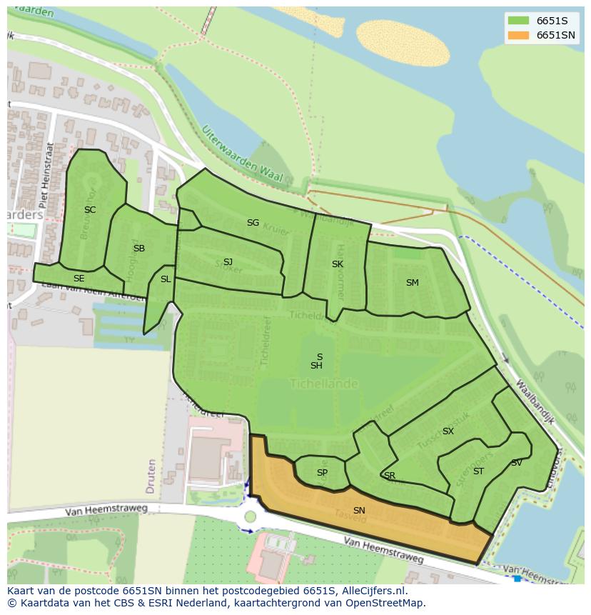 Afbeelding van het postcodegebied 6651 SN op de kaart.