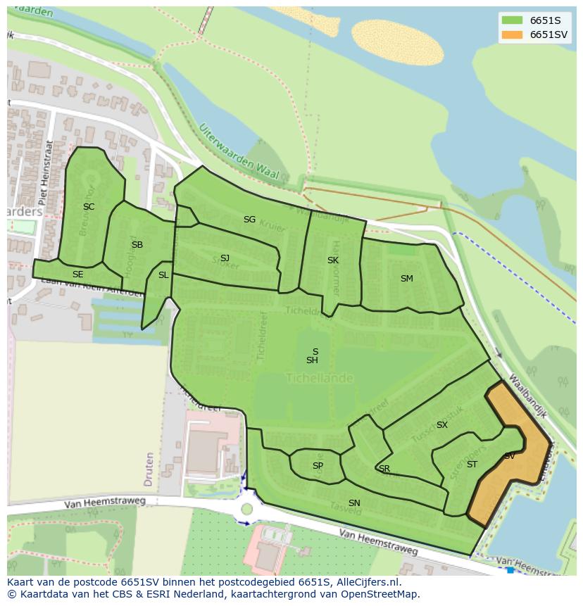 Afbeelding van het postcodegebied 6651 SV op de kaart.