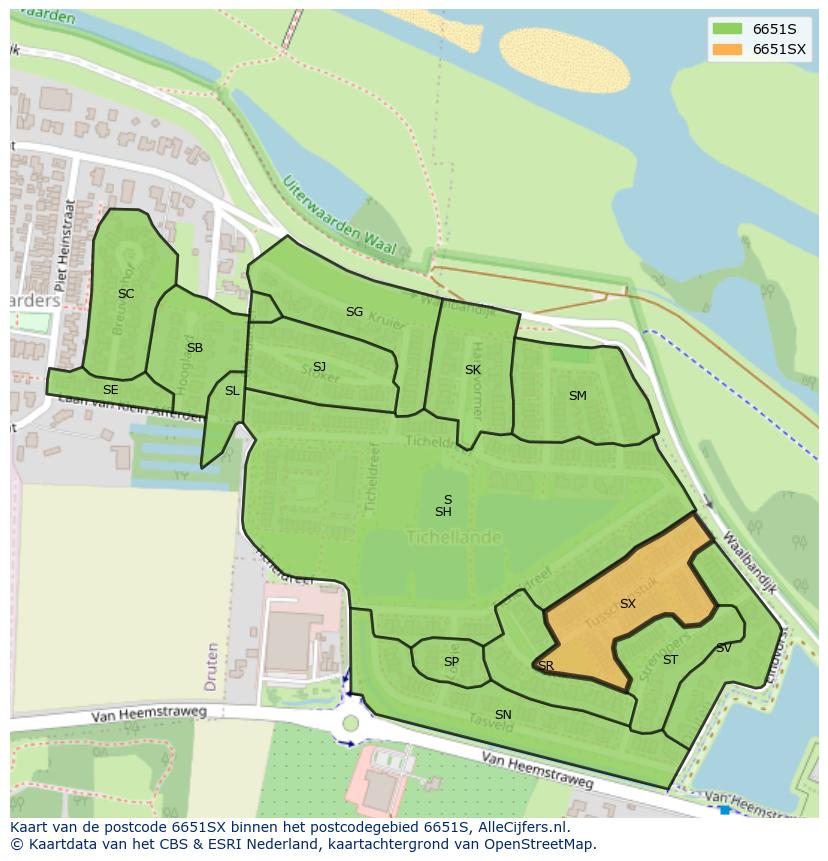 Afbeelding van het postcodegebied 6651 SX op de kaart.
