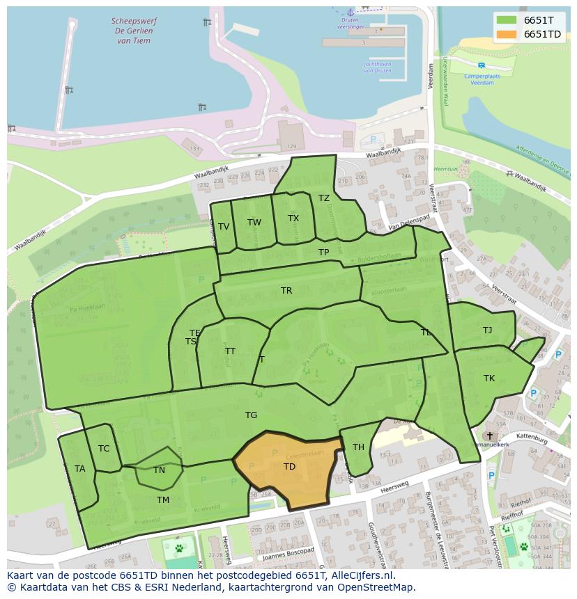 Afbeelding van het postcodegebied 6651 TD op de kaart.