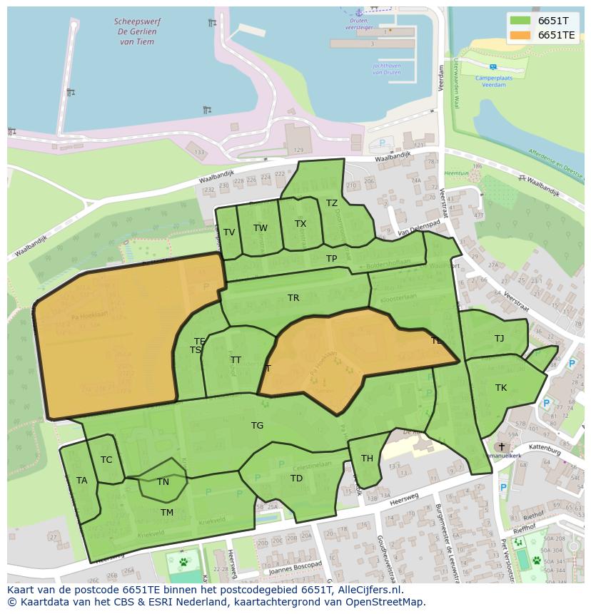 Afbeelding van het postcodegebied 6651 TE op de kaart.
