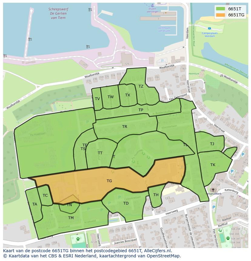 Afbeelding van het postcodegebied 6651 TG op de kaart.