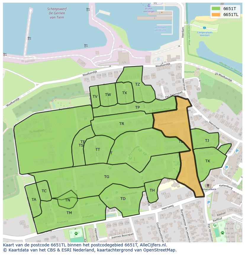 Afbeelding van het postcodegebied 6651 TL op de kaart.