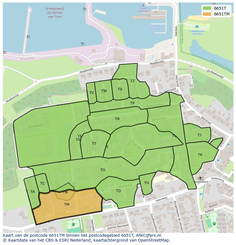 Afbeelding van het postcodegebied 6651 TM op de kaart.