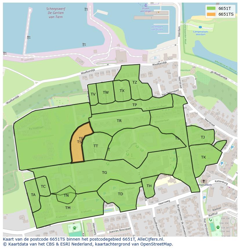 Afbeelding van het postcodegebied 6651 TS op de kaart.